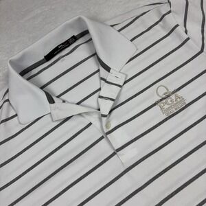 Ralph Lauren RLX Polo Shirt Mens L White Striped Golf Moisture Wicking PGA Quail